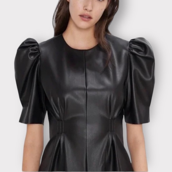 ZARA Vegan Leather Puff Sleeve Mini Dress - Picture 2 of 5